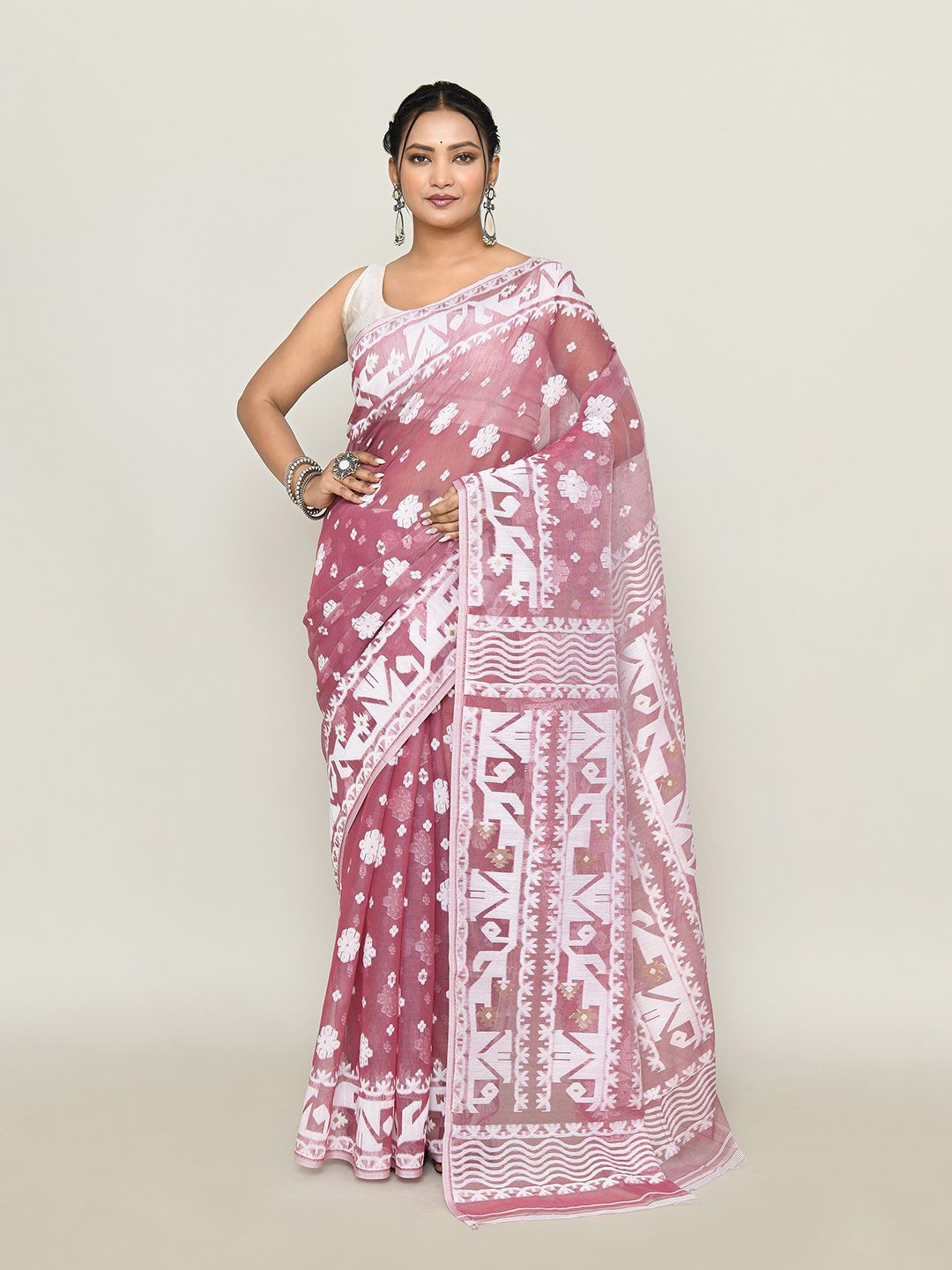 

SPRISH Ethnic Motifs Pure Cotton Jamdani Saree, Pink