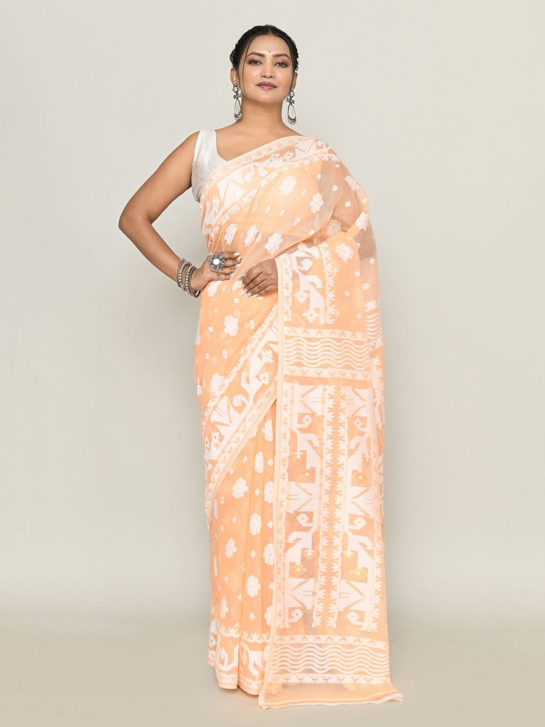 

SPRISH Ethnic Motifs Pure Cotton Handloom Jamdani Saree, Orange