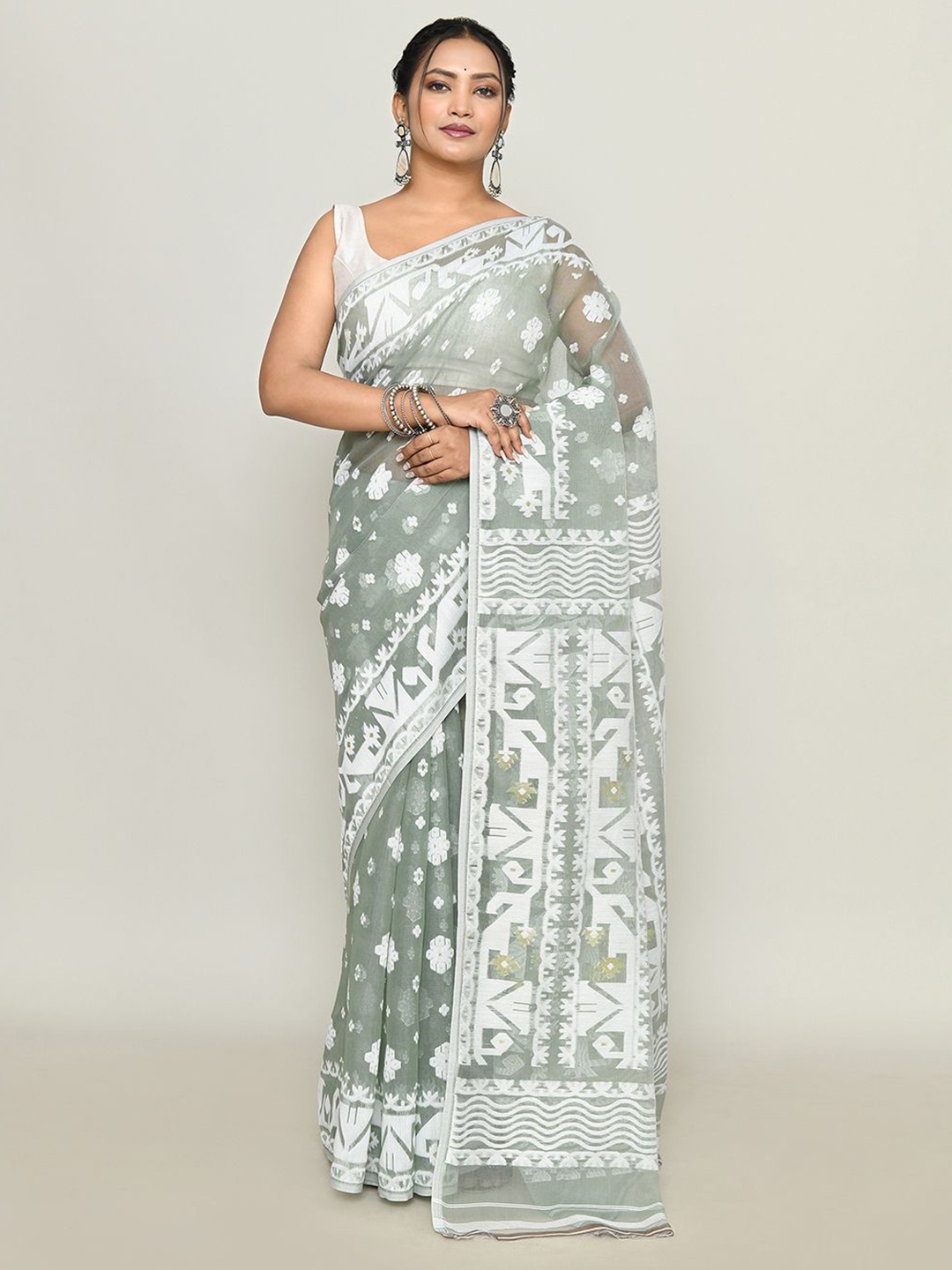 

SPRISH Ethnic Motifs Zari Pure Cotton Jamdani Saree, Grey