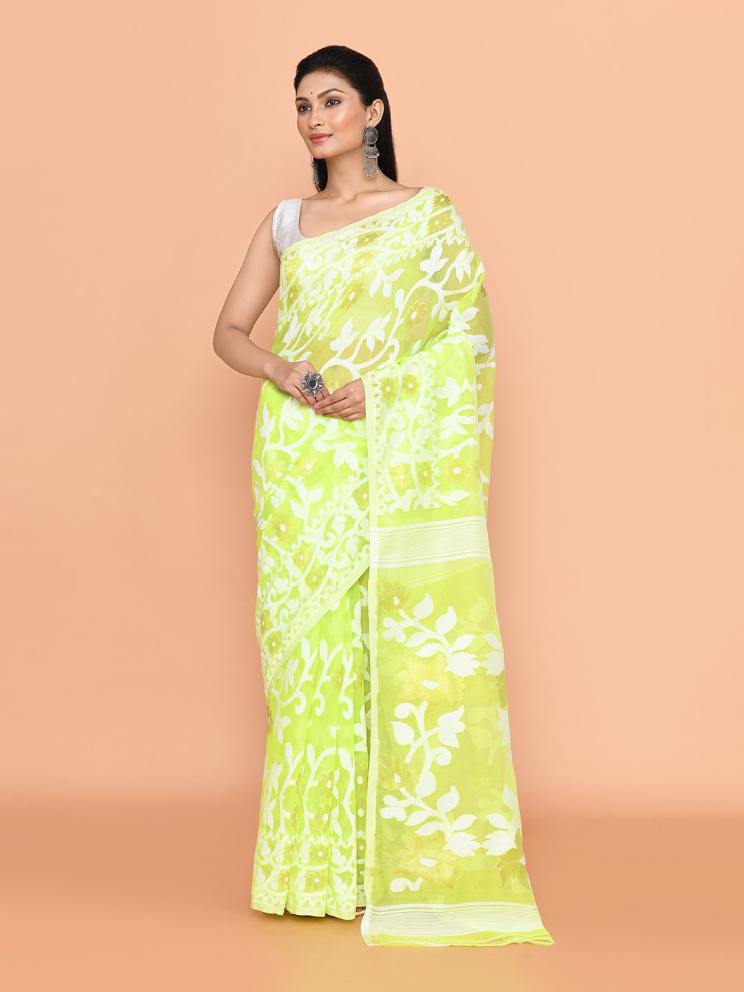 

SPRISH Ethnic Motifs Pure Cotton Jamdani Saree, Green