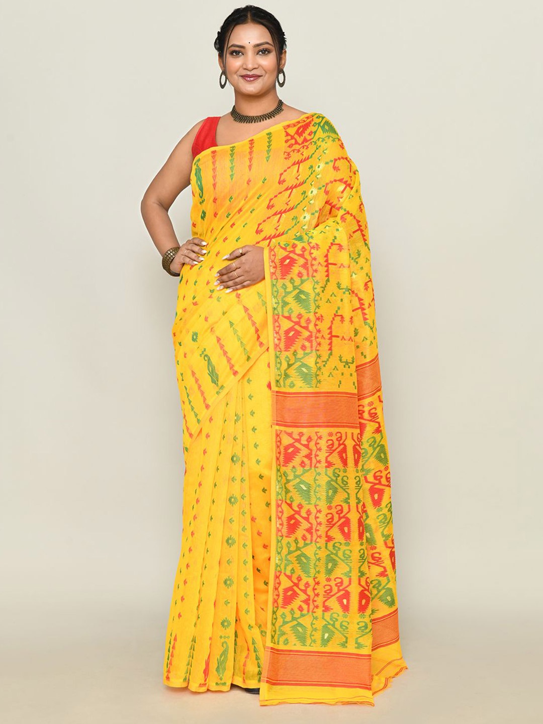 

SPRISH Ethnic Motifs Pure Cotton Jamdani Saree, Yellow
