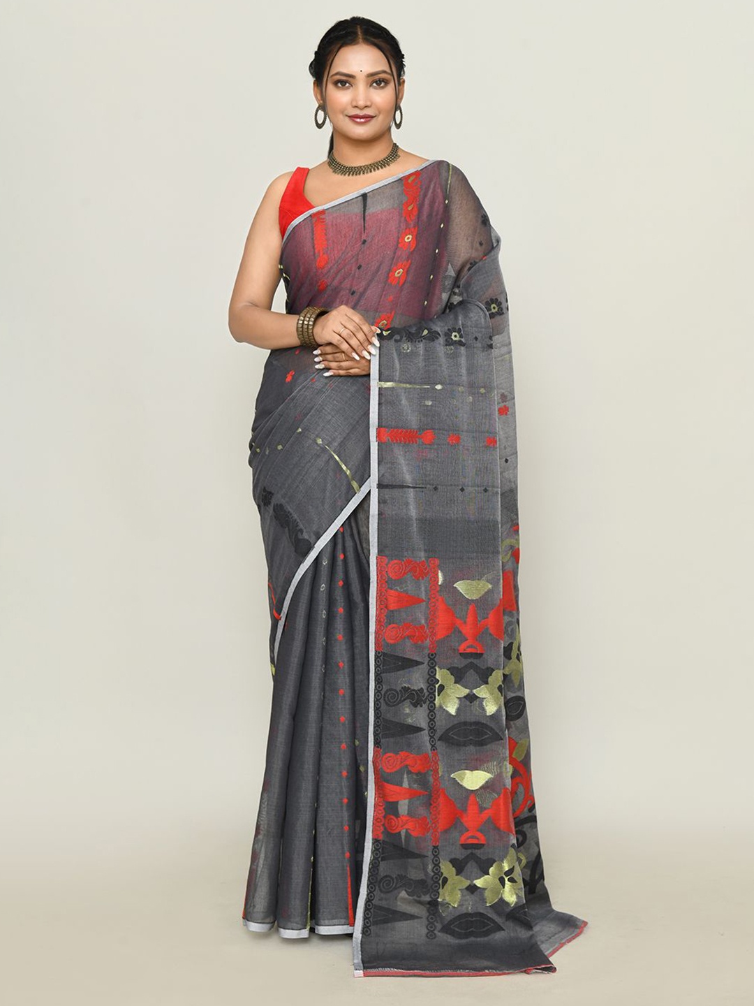 

SPRISH Ethnic Motifs Zari Pure Cotton Jamdani Saree, Black