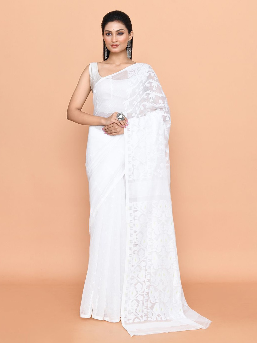 

SPRISH Woven Design Pure Cotton Jamdani Saree, White