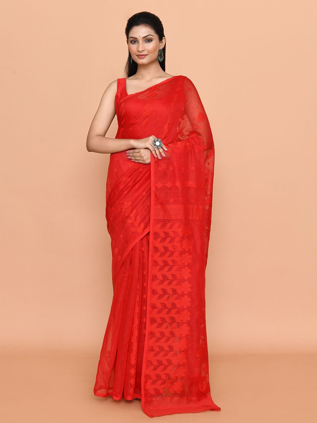 

SPRISH Woven Design Pure Cotton Jamdani Saree, Red