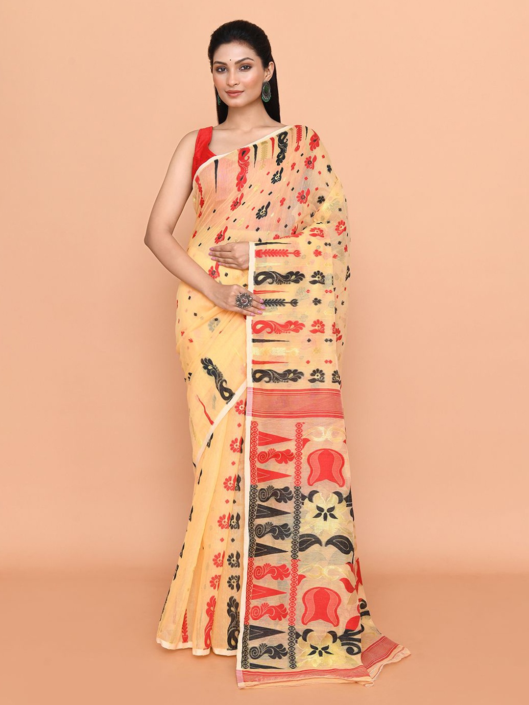 

SPRISH Woven Design Pure Cotton Jamdani Saree, Yellow