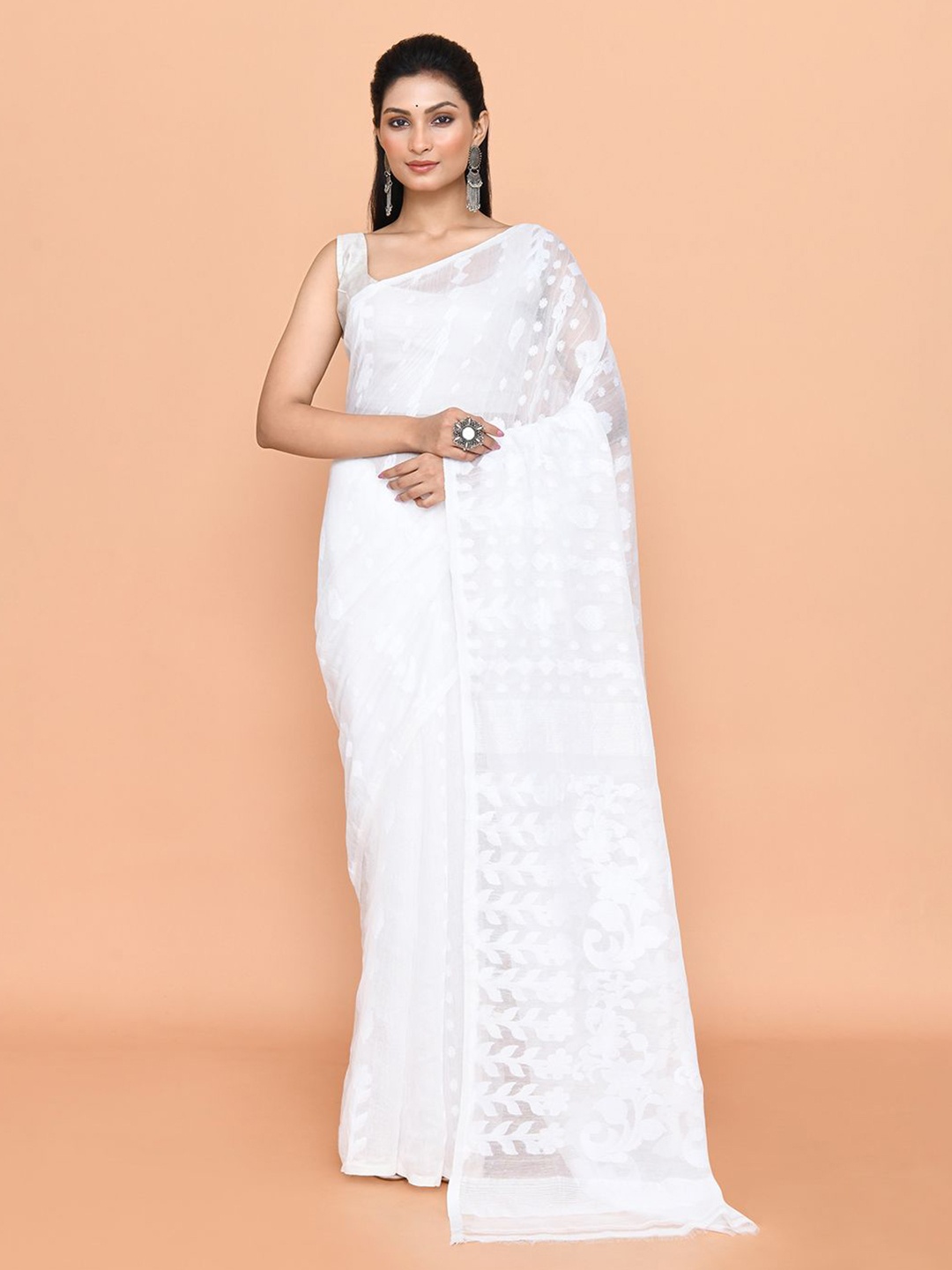 

SPRISH Woven Design Pure Cotton Jamdani Saree, White