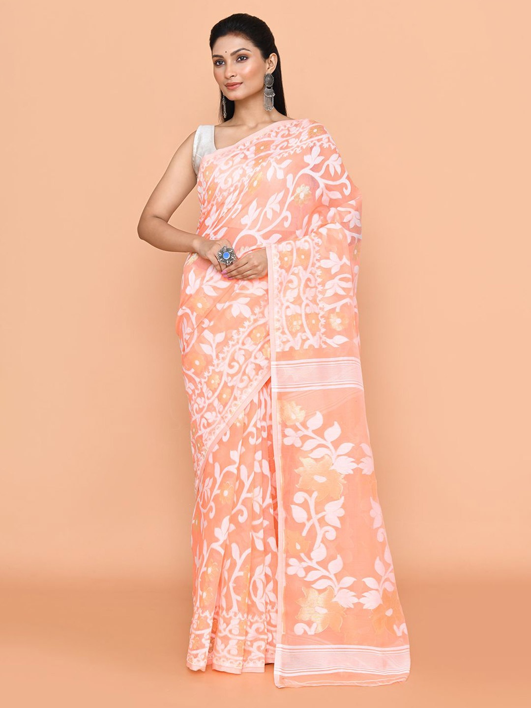 

SPRISH Woven Design Pure Cotton Jamdani Saree, Peach