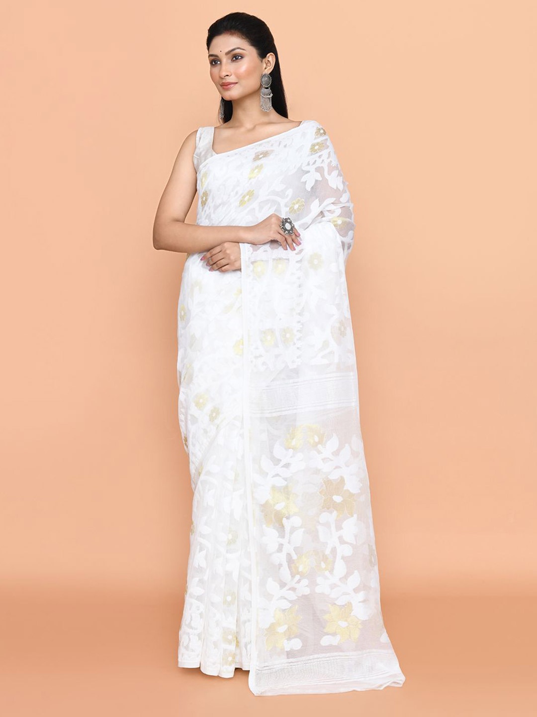 

SPRISH Ethnic Motifs Pure Cotton Jamdani Saree, White
