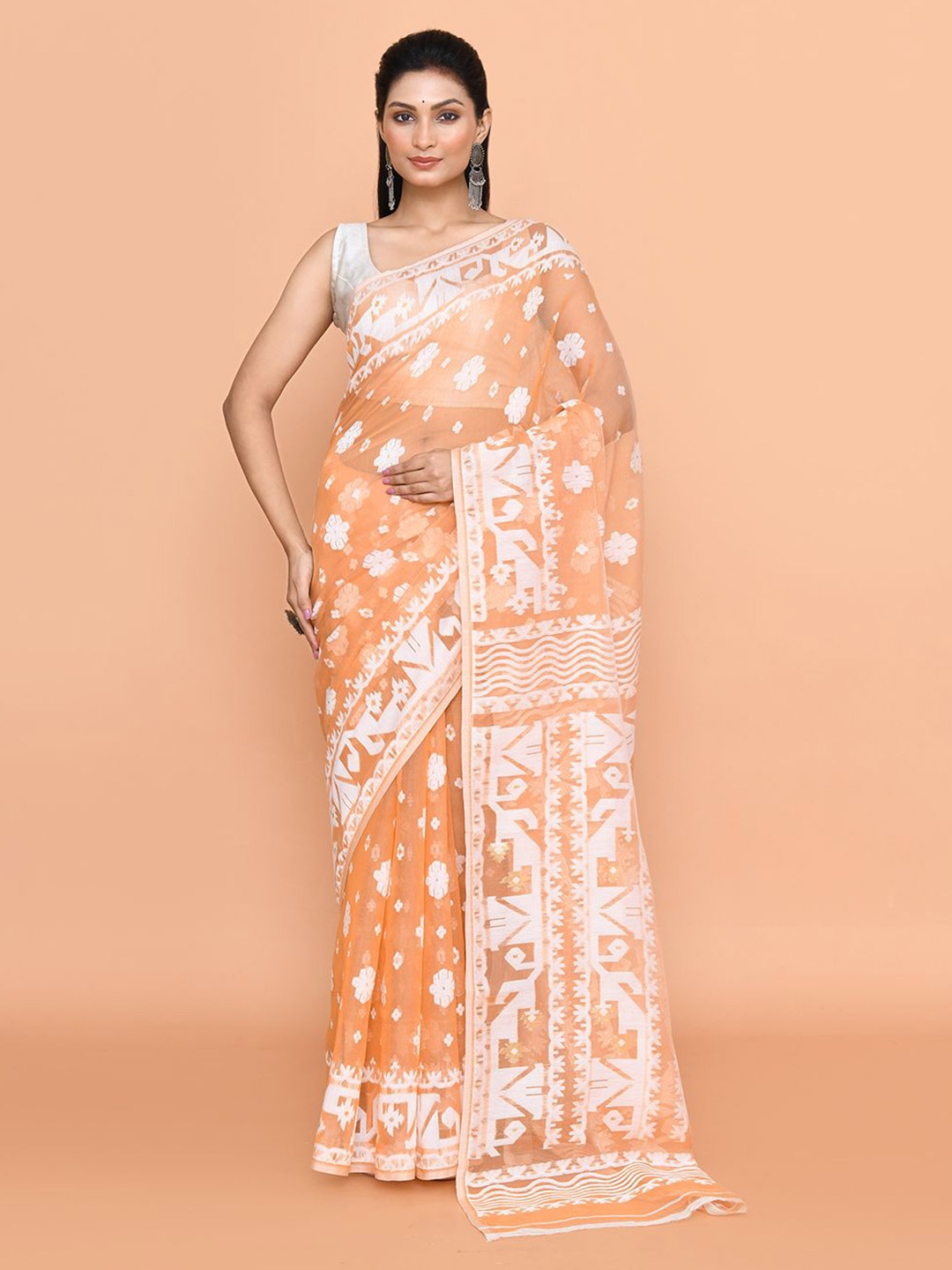 

SPRISH Ethnic Motifs Zari Pure Cotton Jamdani Saree, White