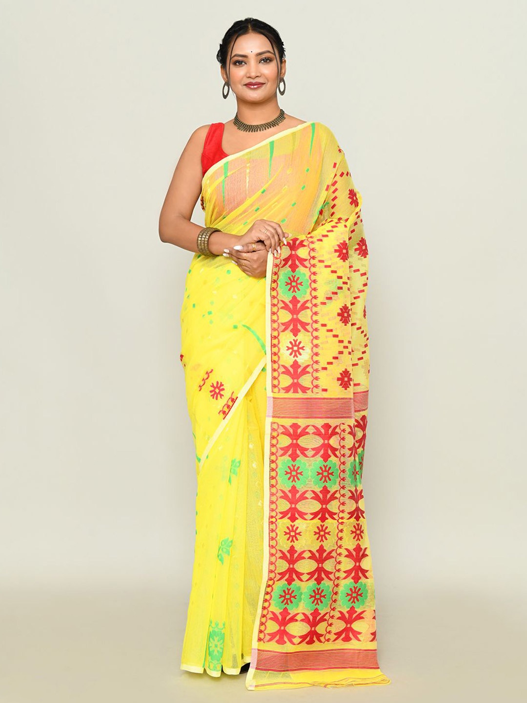 

SPRISH Ethnic Motifs Pure Cotton Jamdani Saree, Yellow