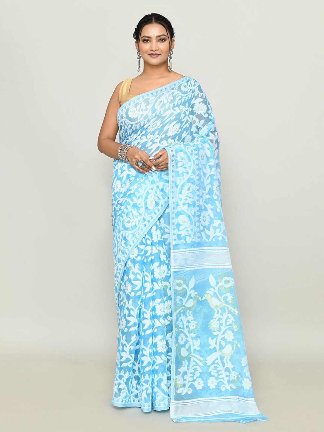 

SPRISH Ethnic Motifs Zari Pure Cotton Jamdani Saree, Blue