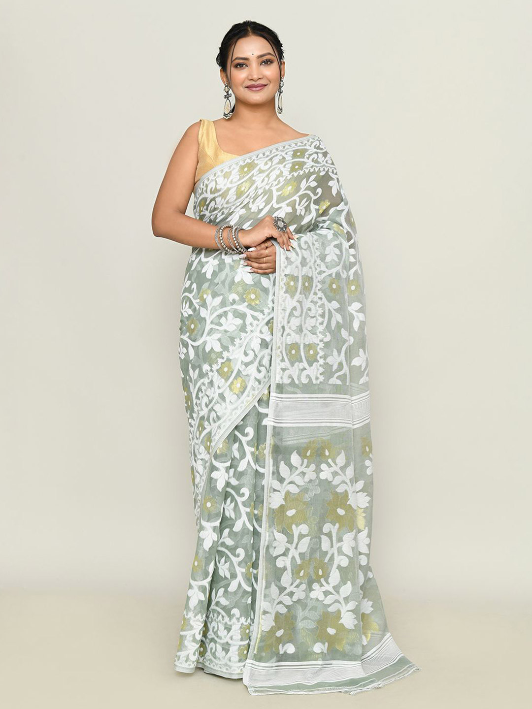 

SPRISH Ethnic Motifs Pure Cotton Jamdani Saree, Green