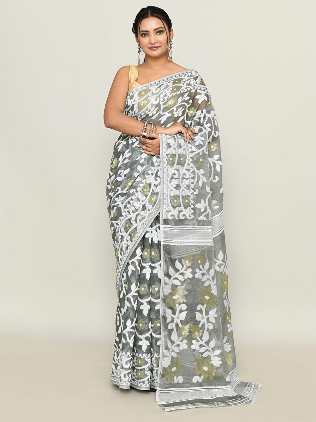 

SPRISH Ethnic Motifs Zari Pure Cotton Handloom Jamdani Saree, Grey melange