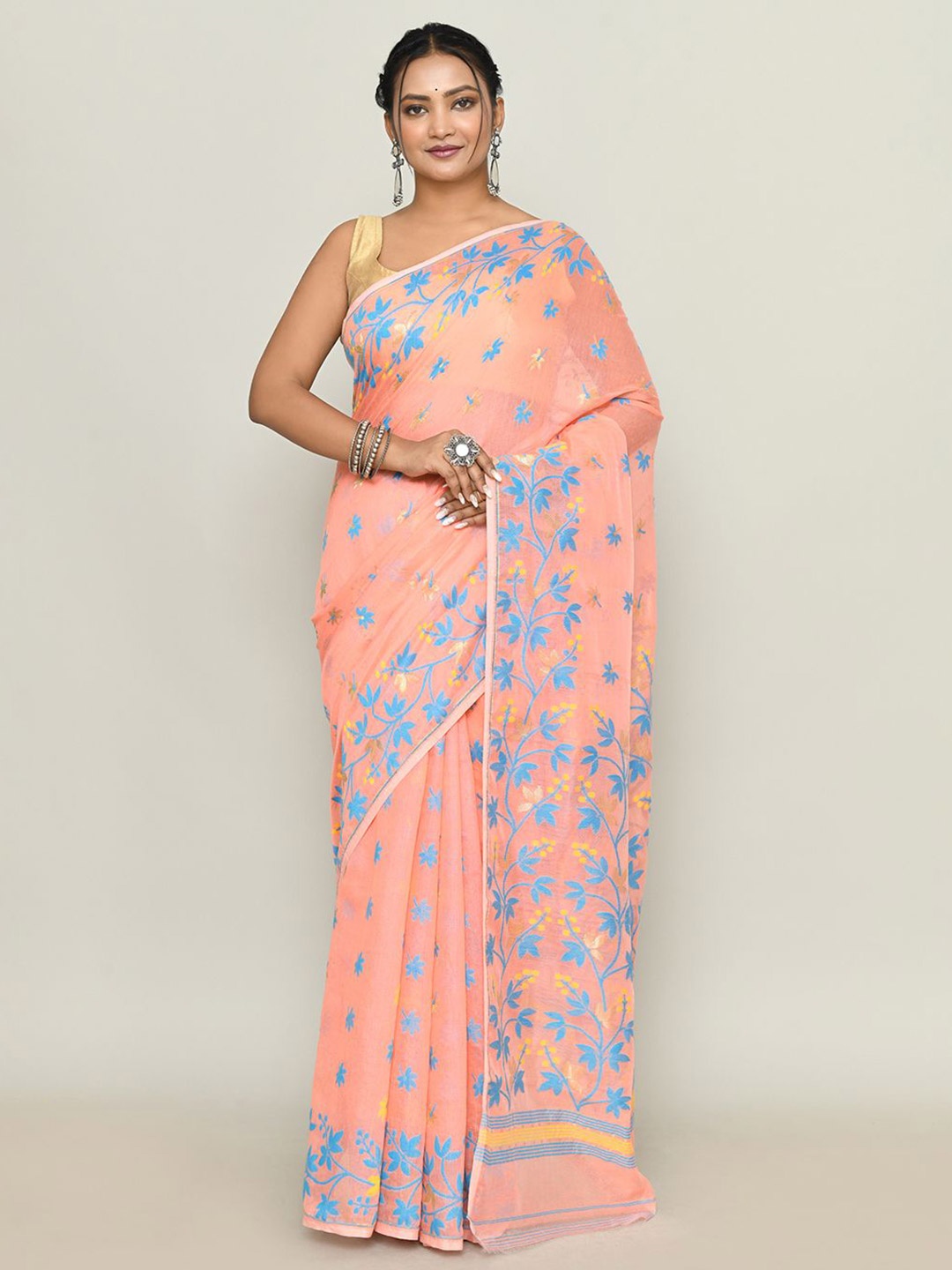 

SPRISH Floral Pure Cotton Jamdani Saree, Orange