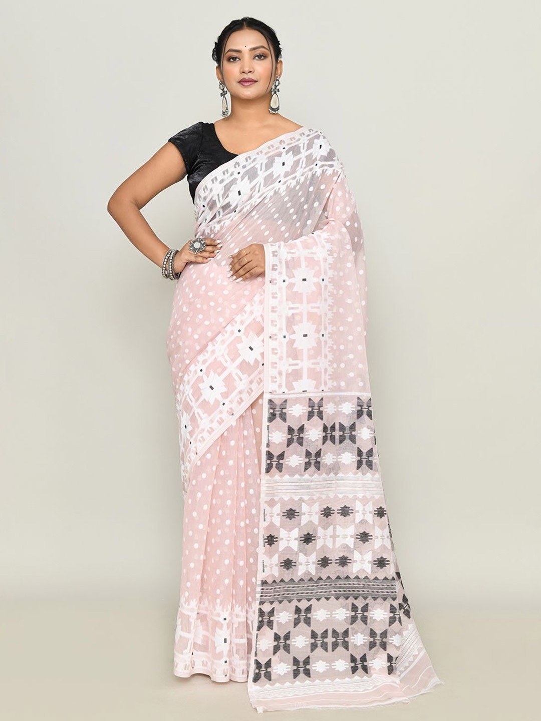 

SPRISH Ethnic Motifs Pure Cotton Jamdani Saree, Pink