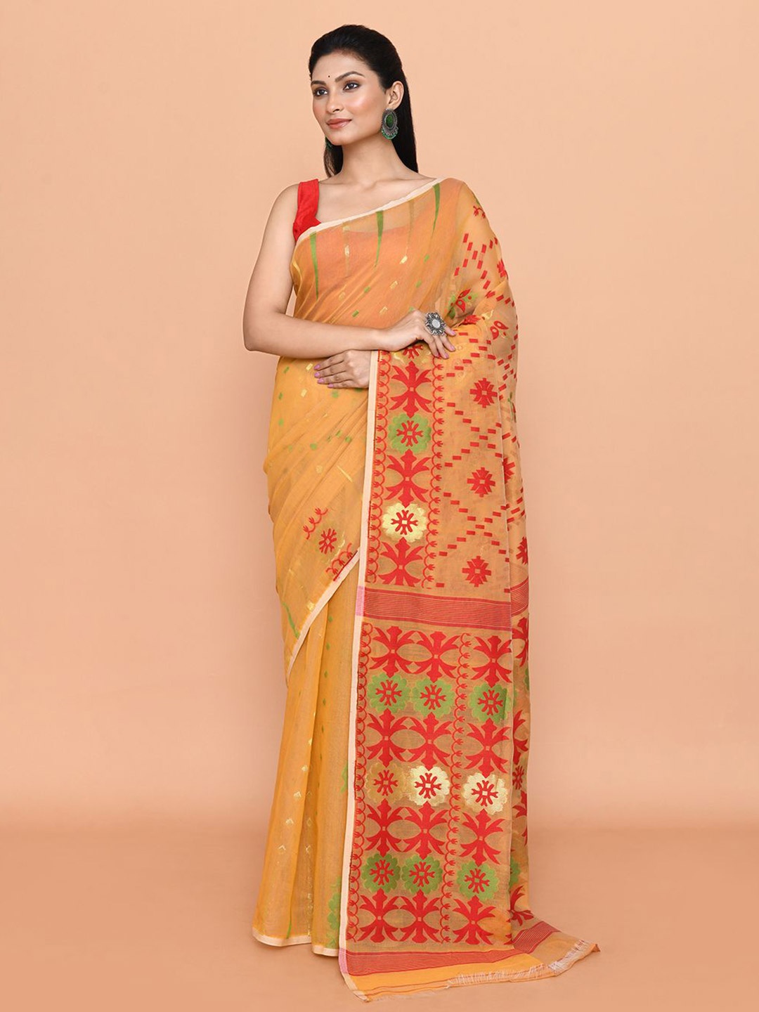 

SPRISH Ethnic Motifs Pure Cotton Jamdani Saree, Yellow