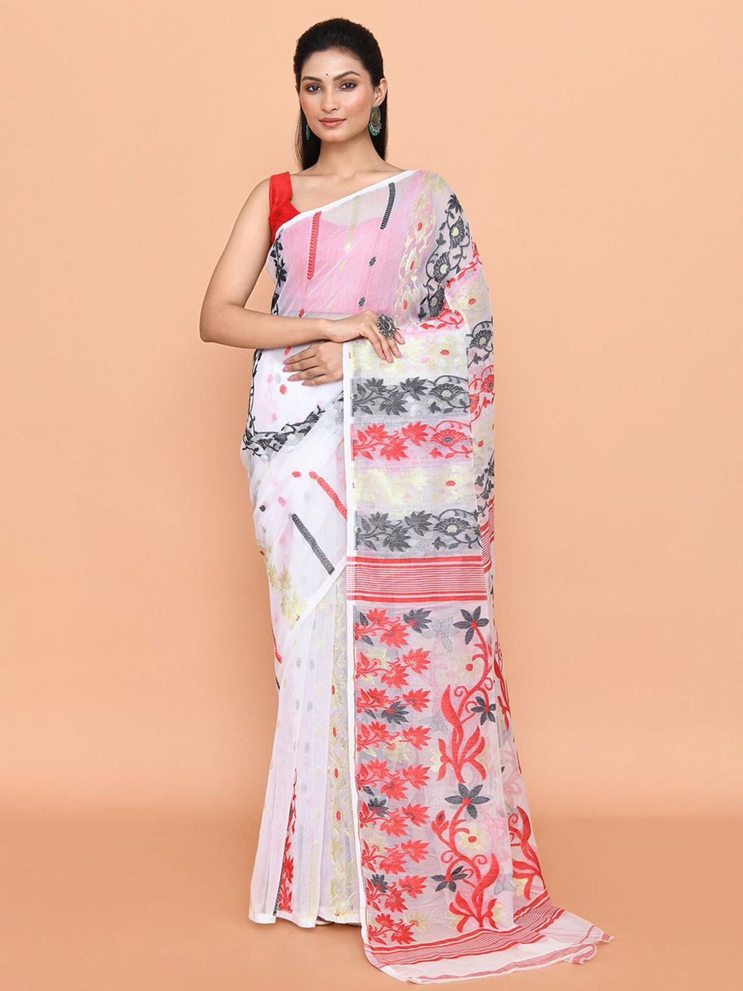 

SPRISH Ethnic Motifs Zari Pure Cotton Jamdani Saree, White