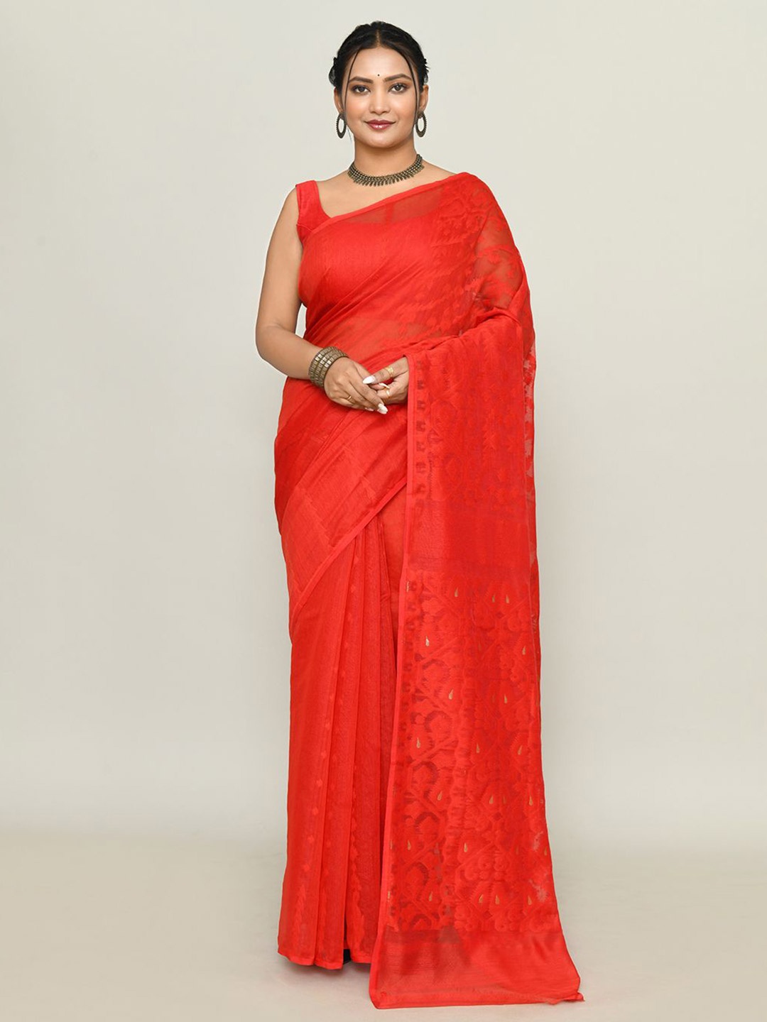 

SPRISH Floral Zari Pure Cotton Jamdani Saree, Red