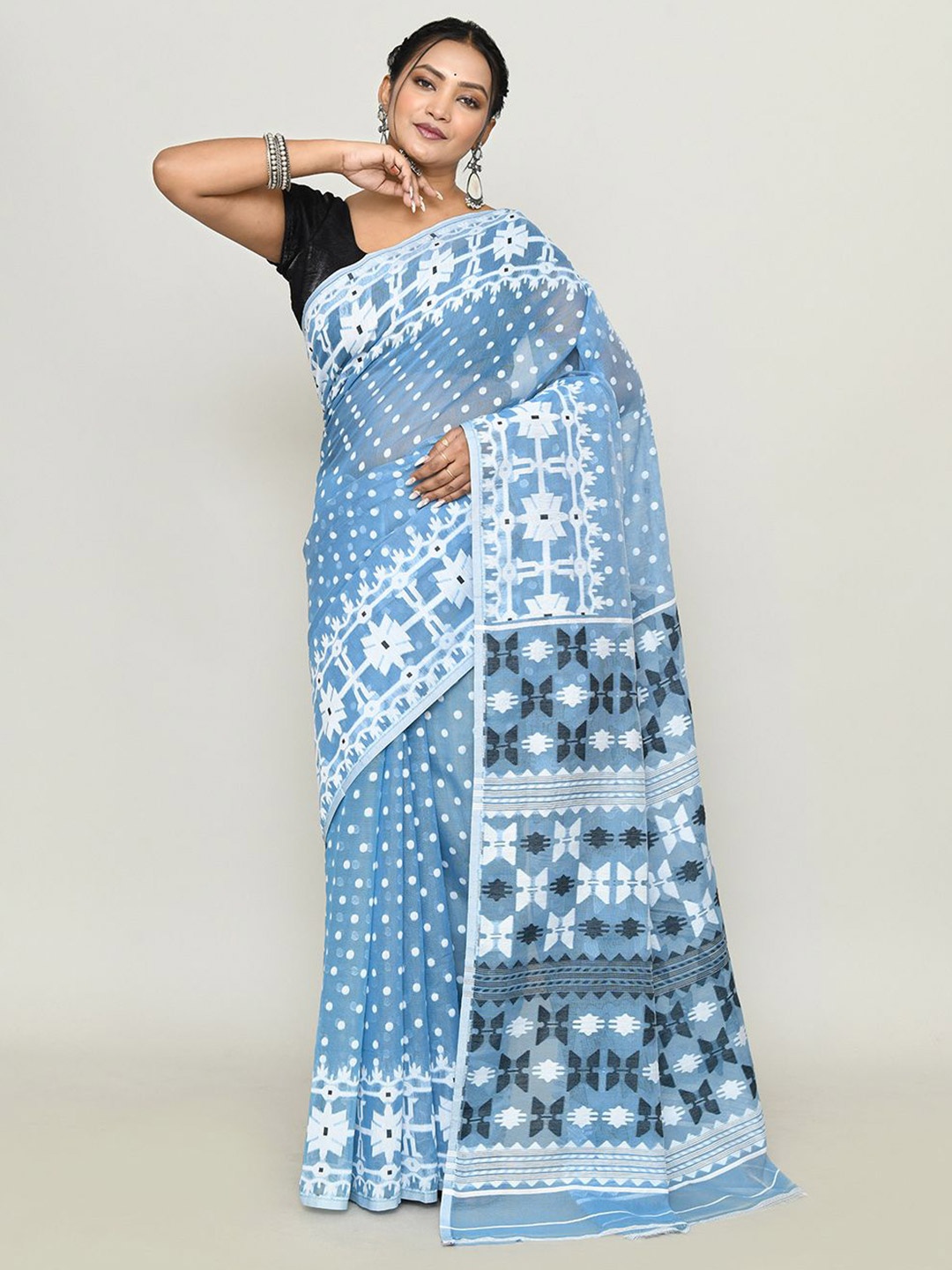

SPRISH Ethnic Motifs Pure Cotton Jamdani Saree, Blue