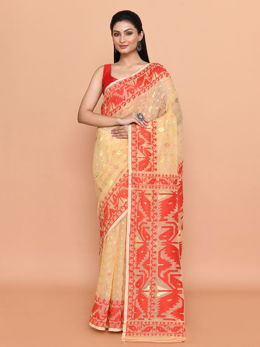 

SPRISH Ethnic Motifs Zari Pure Cotton Jamdani Saree, Beige
