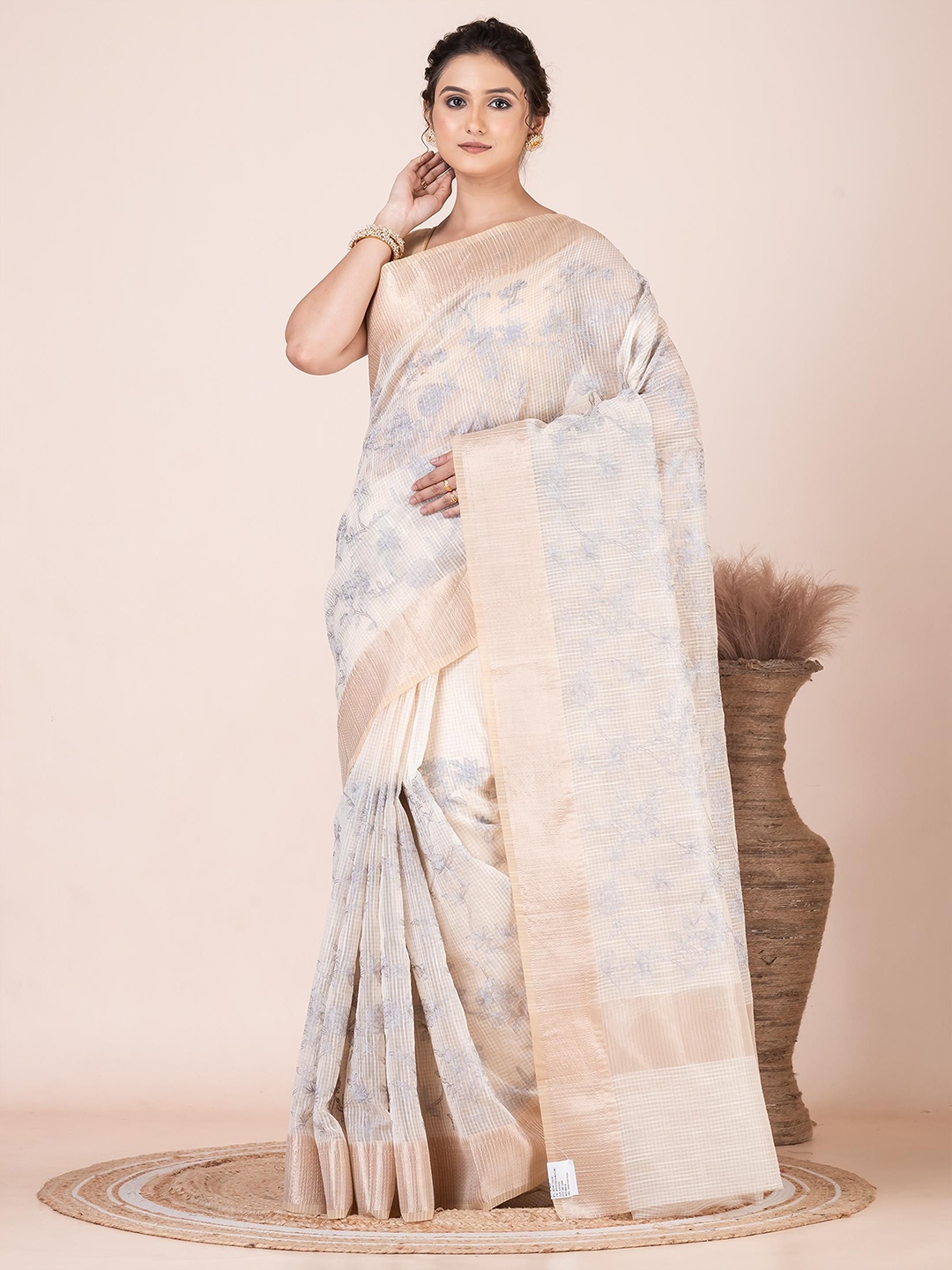 

VIBHAVARI Zari Pure Cotton Saree, Off white