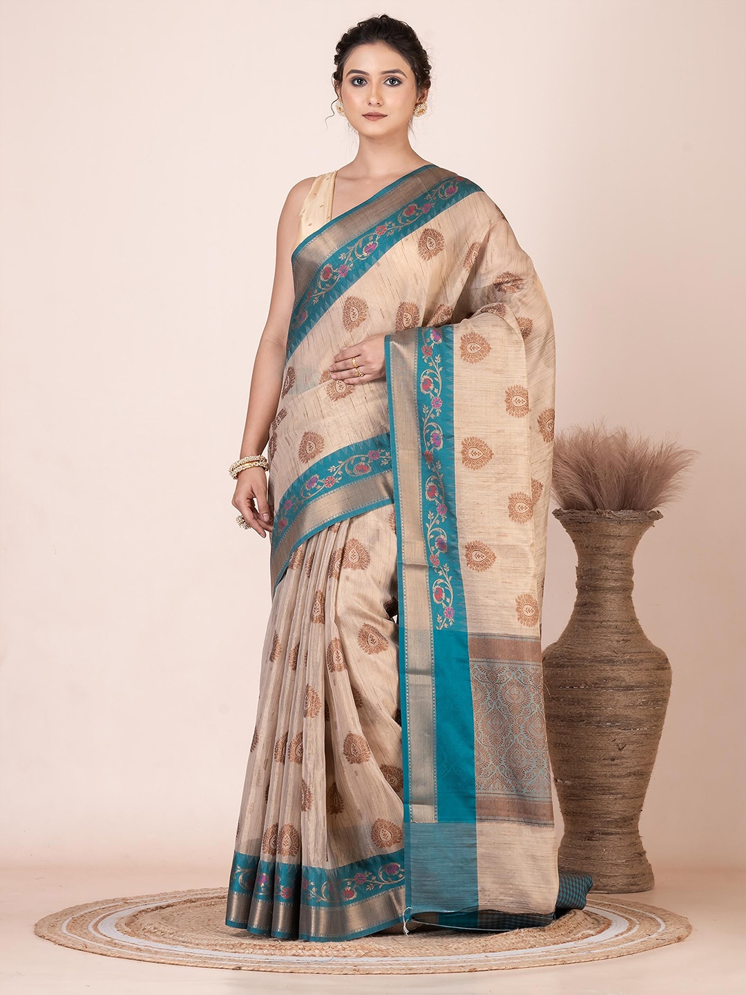 

VIBHAVARI Woven Design Zari Silk Cotton Saree, Brown