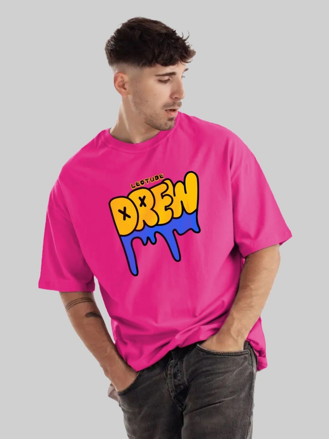 

Leotude Men Typography Printed Round Neck Cotton Relaxed Fit T-shirt, Pink
