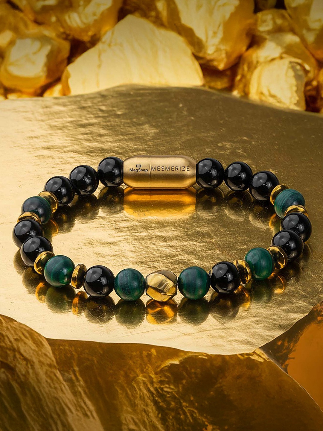 

Mesmerize Gloss Onyx & Malachite Stone Magsnap Bracelet, Gold