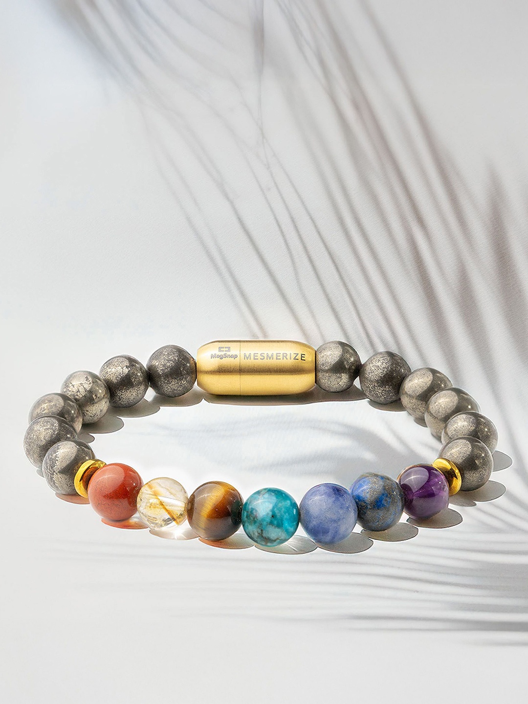

Mesmerize Pyrite 7 Chakra Stone Magsnap Bracelet, Gold