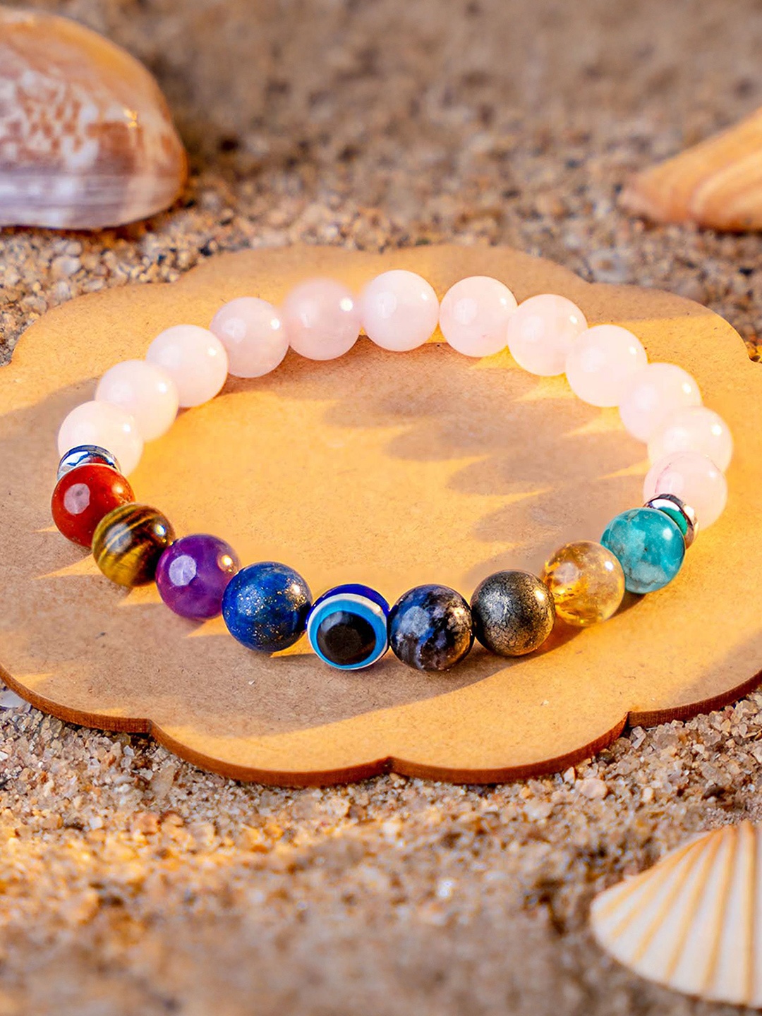 

Mesmerize Rose Quartz 9 Chakra Stone Elastic Bracelet, Blue