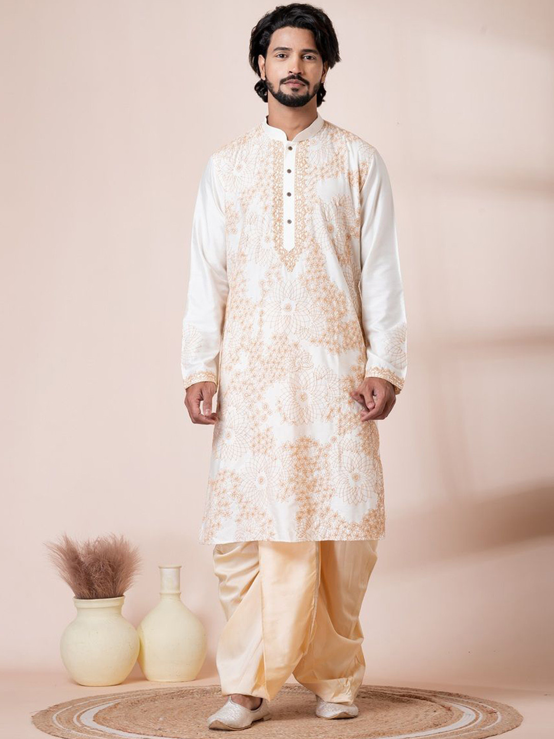 

HU - Handcrafted Uniquely Floral Embroidered Cotton Silk Straight Kurta with Dhoti Pants, Cream