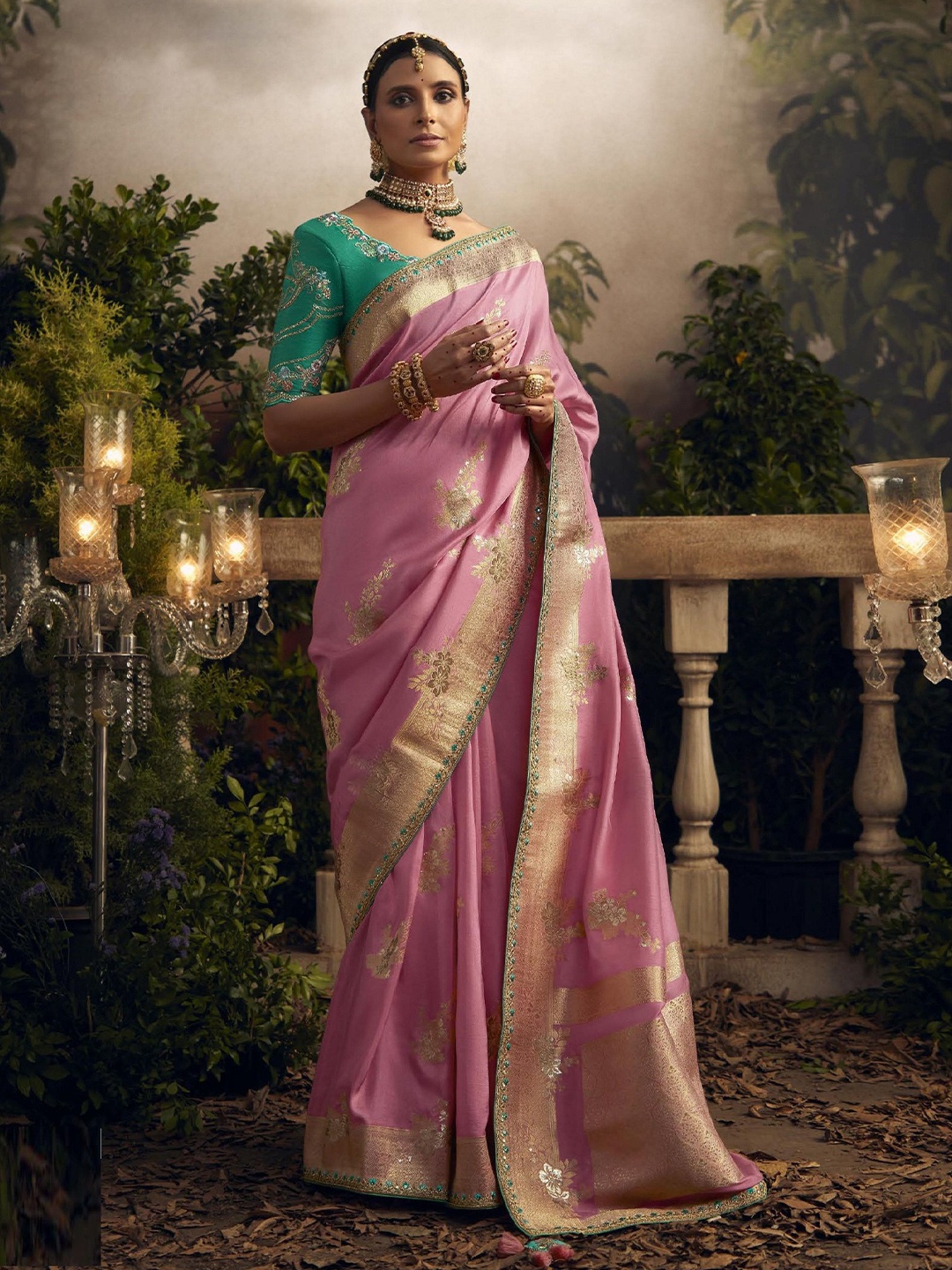 

MAHALASA Woven Design Embroidered Pure Silk Banarasi Saree, Pink