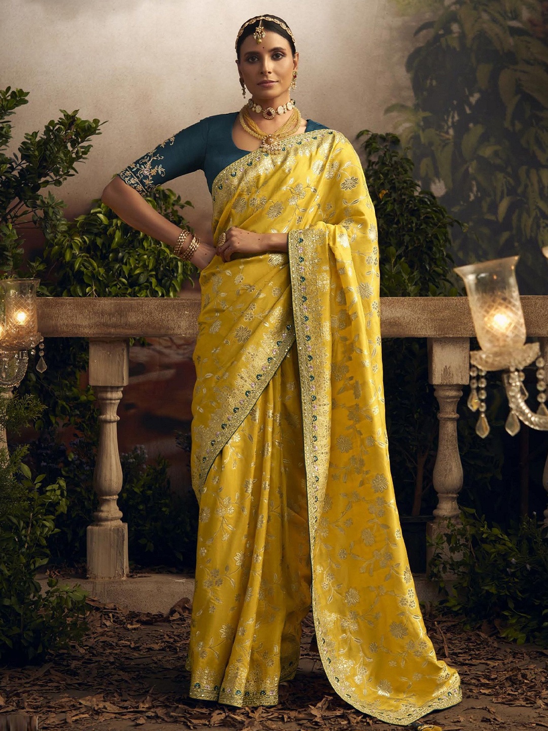 

MAHALASA Woven Design Embroidered Pure Silk Banarasi Saree, Yellow