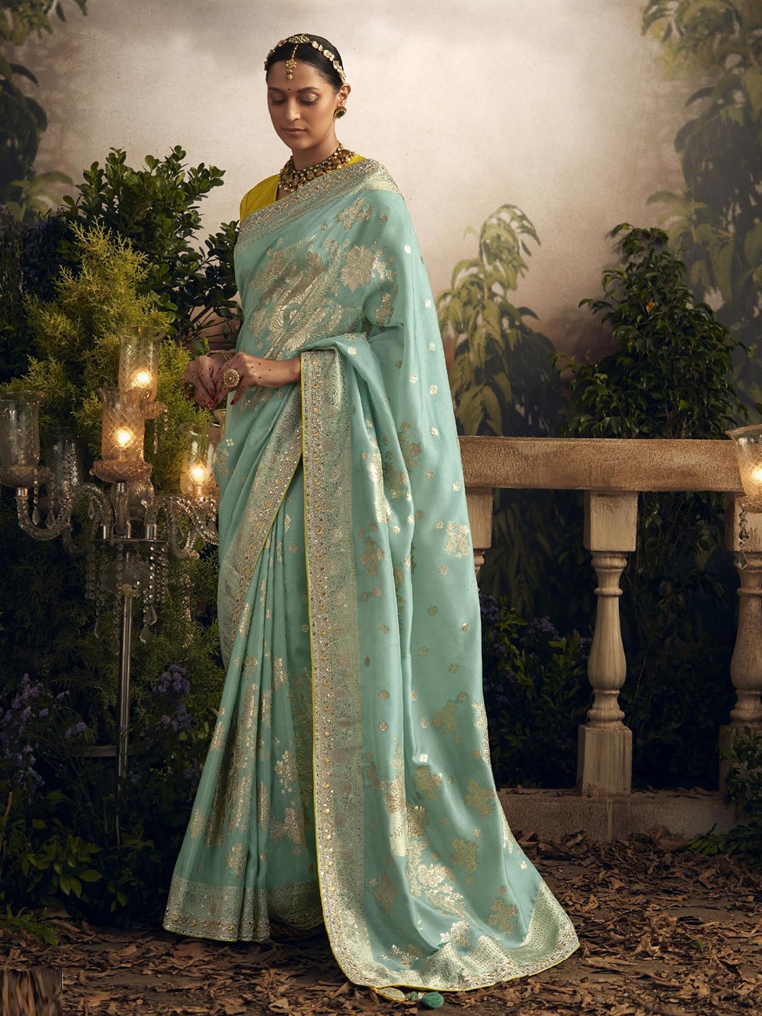 

MAHALASA Woven Design Zari Pure Silk Designer Banarasi Saree, Sea green