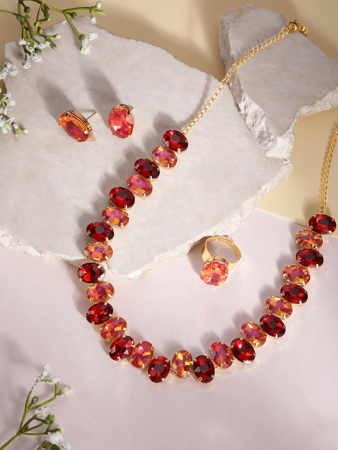 

MANSIYAORANGE 18K Gold Plated Crystal AD Gemstone-Studded Jewellery Set, Red