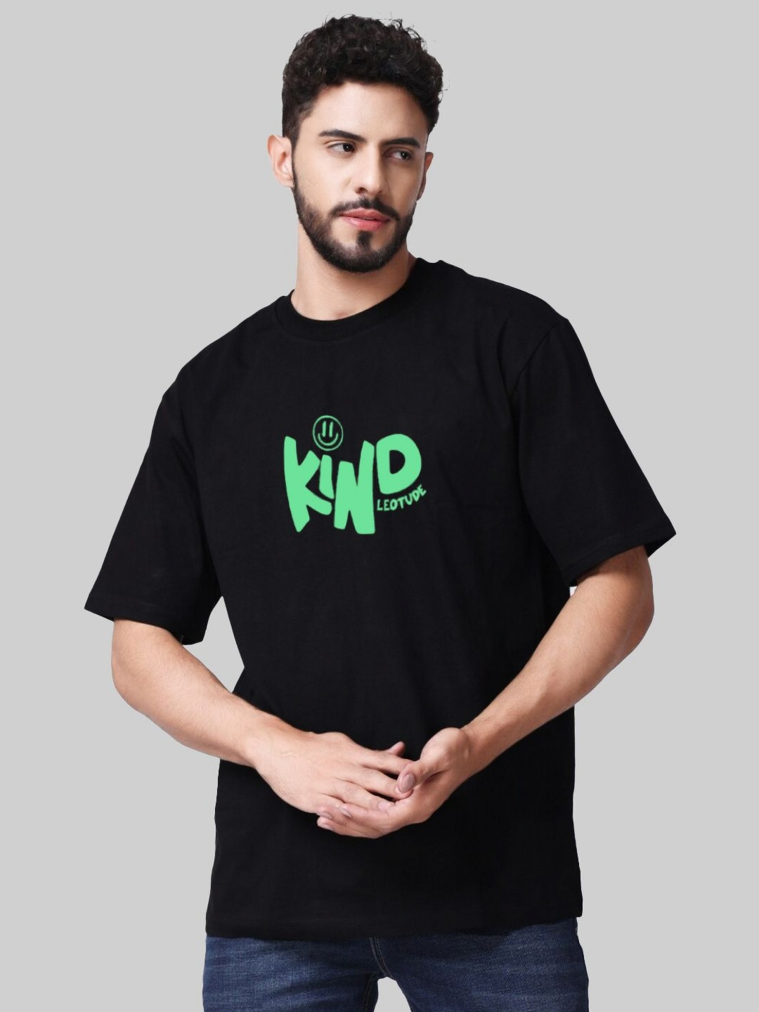 

Leotude Men Typography Printed Round Neck Cotton Oversized T-shirt, Black