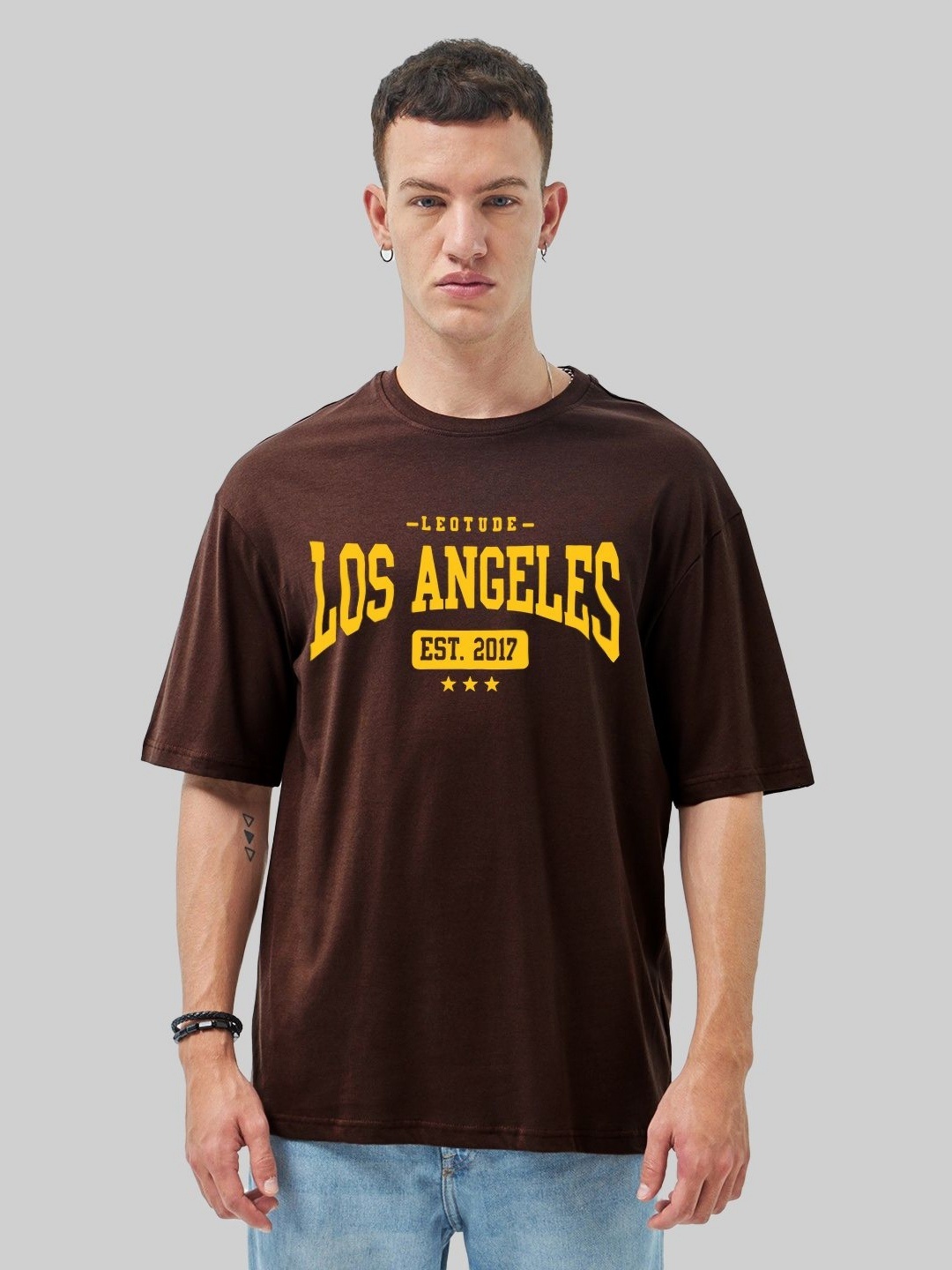 

Leotude Men Typography Printed Round Neck Cotton T-shirt, Brown