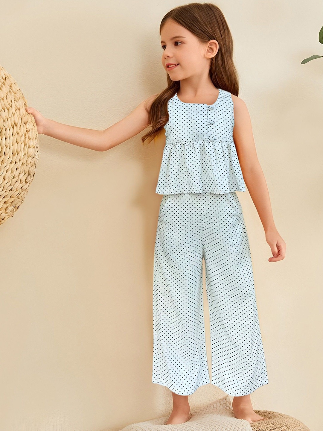 

Safehugs Girls Printed Round Neck Sleeveless Pure Cotton Top With Trouser, White