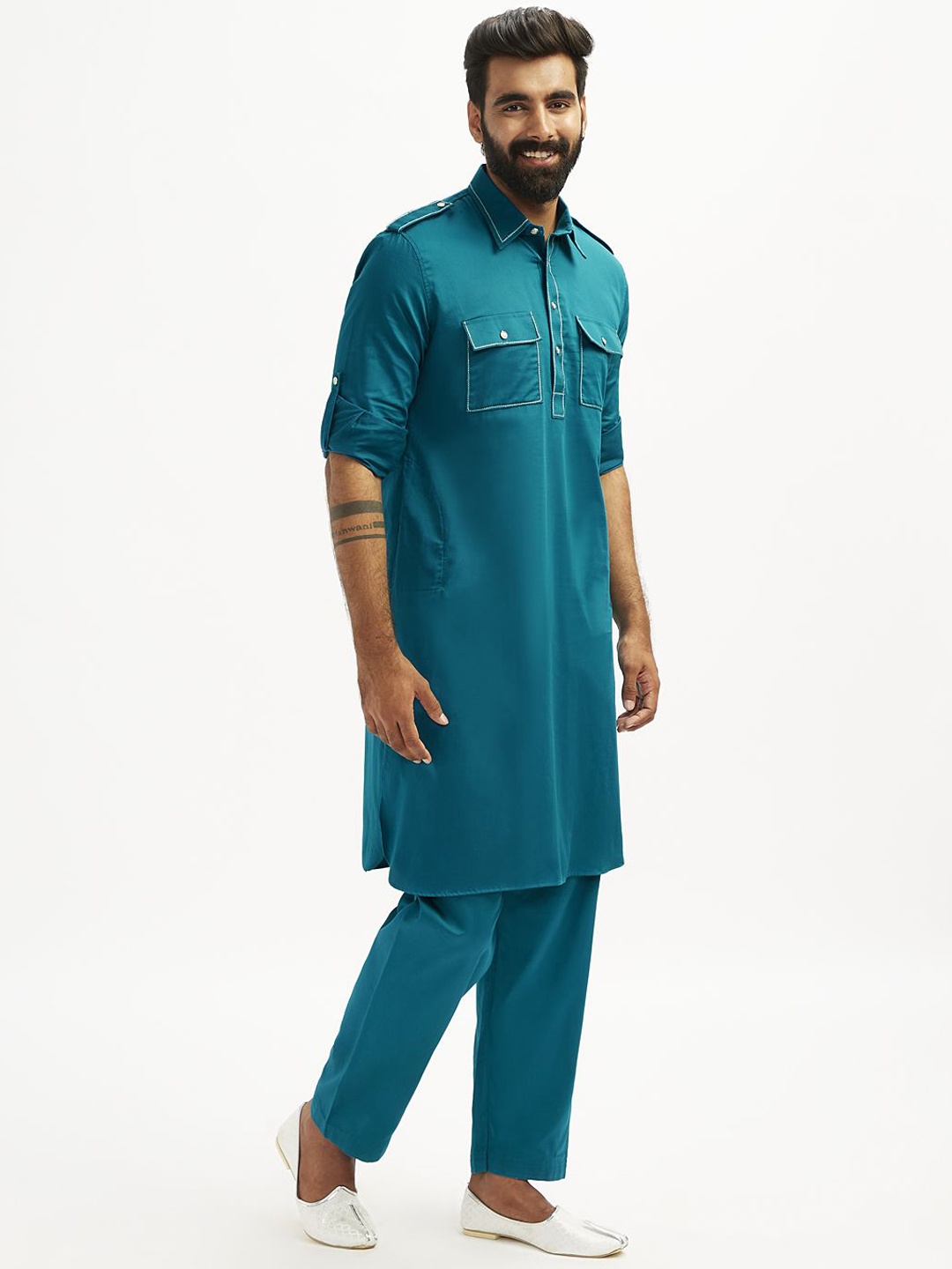 

VASTRAMAY Shirt Collar Long Sleeves Pathani Satin Straight Kurta with Trousers, Turquoise blue