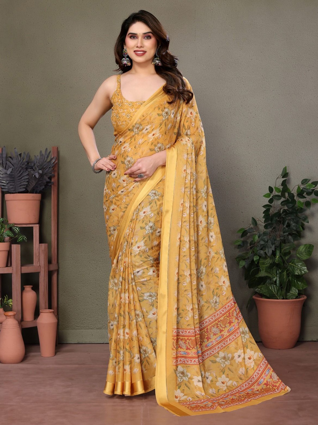

PHORIA STYLE Floral Zari Pure Chiffon Saree, Yellow