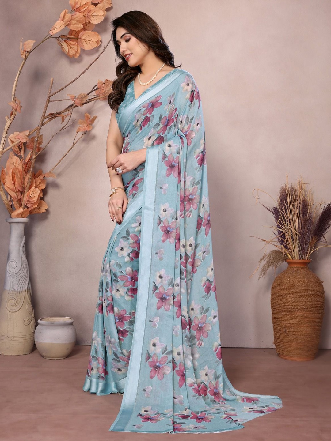 

PHORIA STYLE Floral Pure Chiffon Saree, Blue