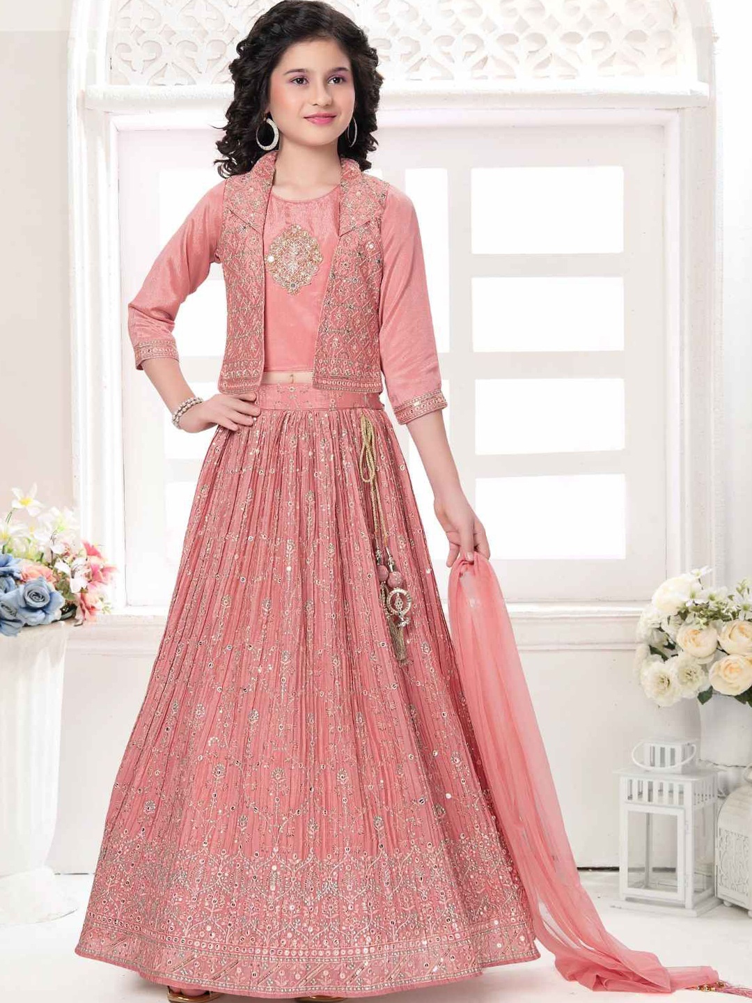 

Lagorii Girls Embroidered Ready to Wear Lehenga & Blouse Silk, Peach