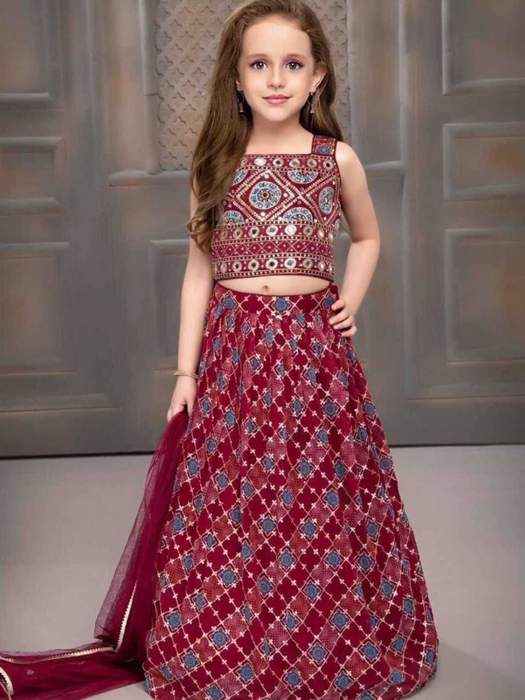 

Lagorii Girls Embroidered Sequinned Ready to Wear Lehenga & Blouse Poly Georgette, Maroon