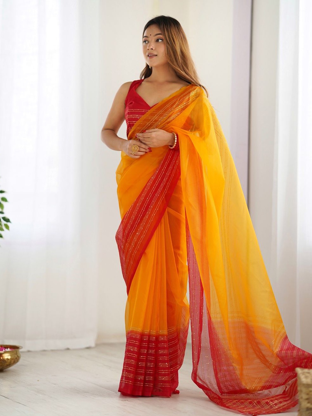 

KALINI Organza Chanderi Saree, Yellow