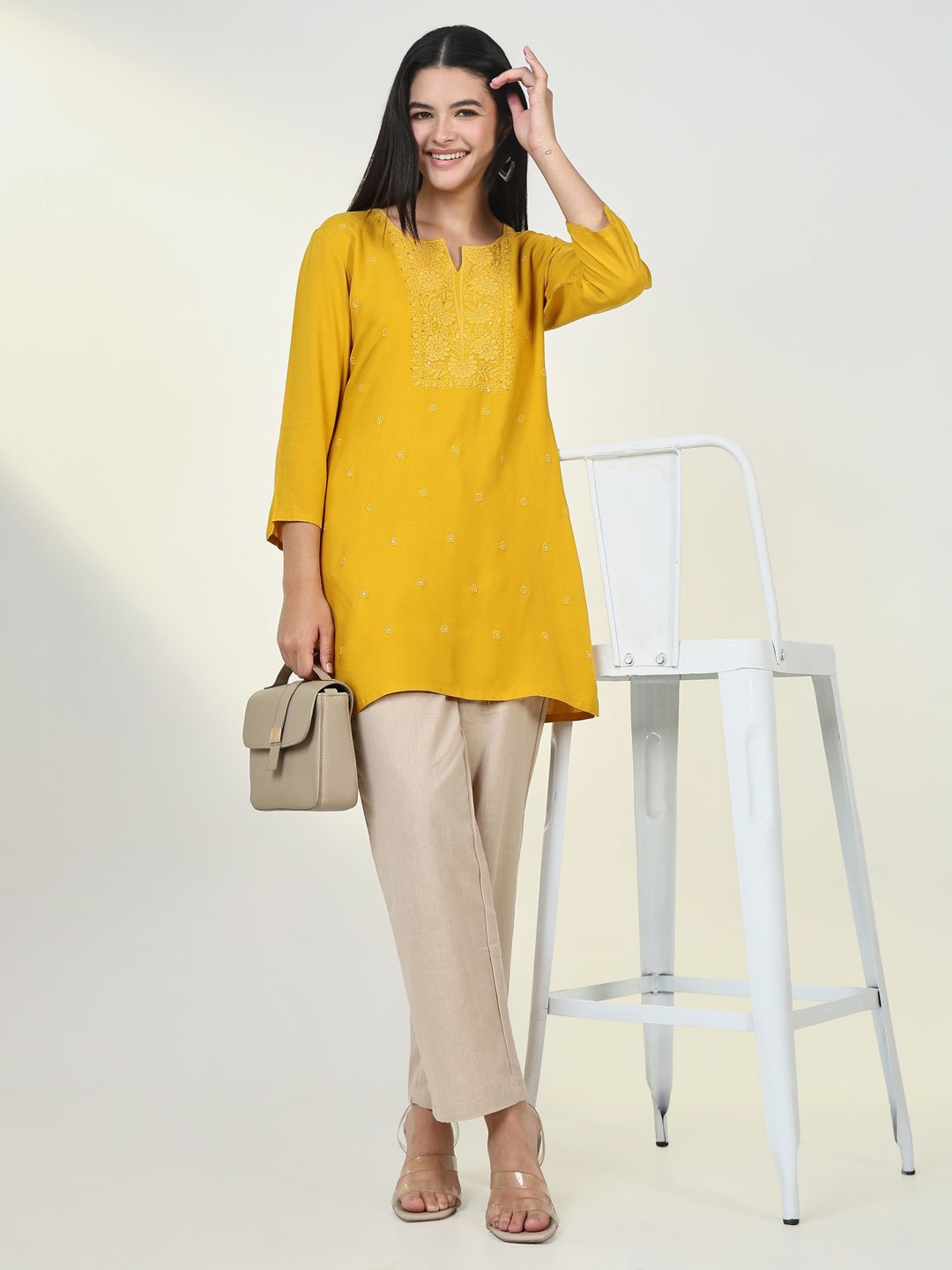 

SHOWOFF Floral Embroidered Thread Work Thread Work Kurti, Yellow