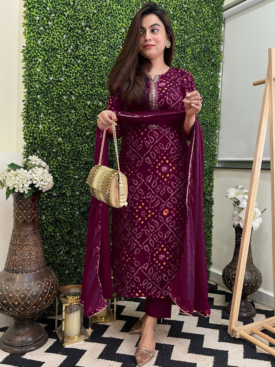 

GoSriKi Bandhani Printed Straight Kurta With Trouser & Dupatta, Magenta