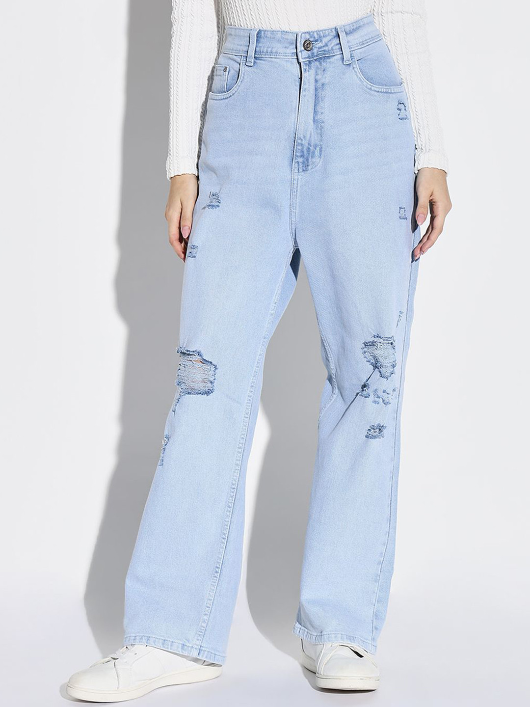 

SHOWOFF Women Comfort Wide Leg Low Distress Light Fade Acid Wash Stretchable Jeans, Blue