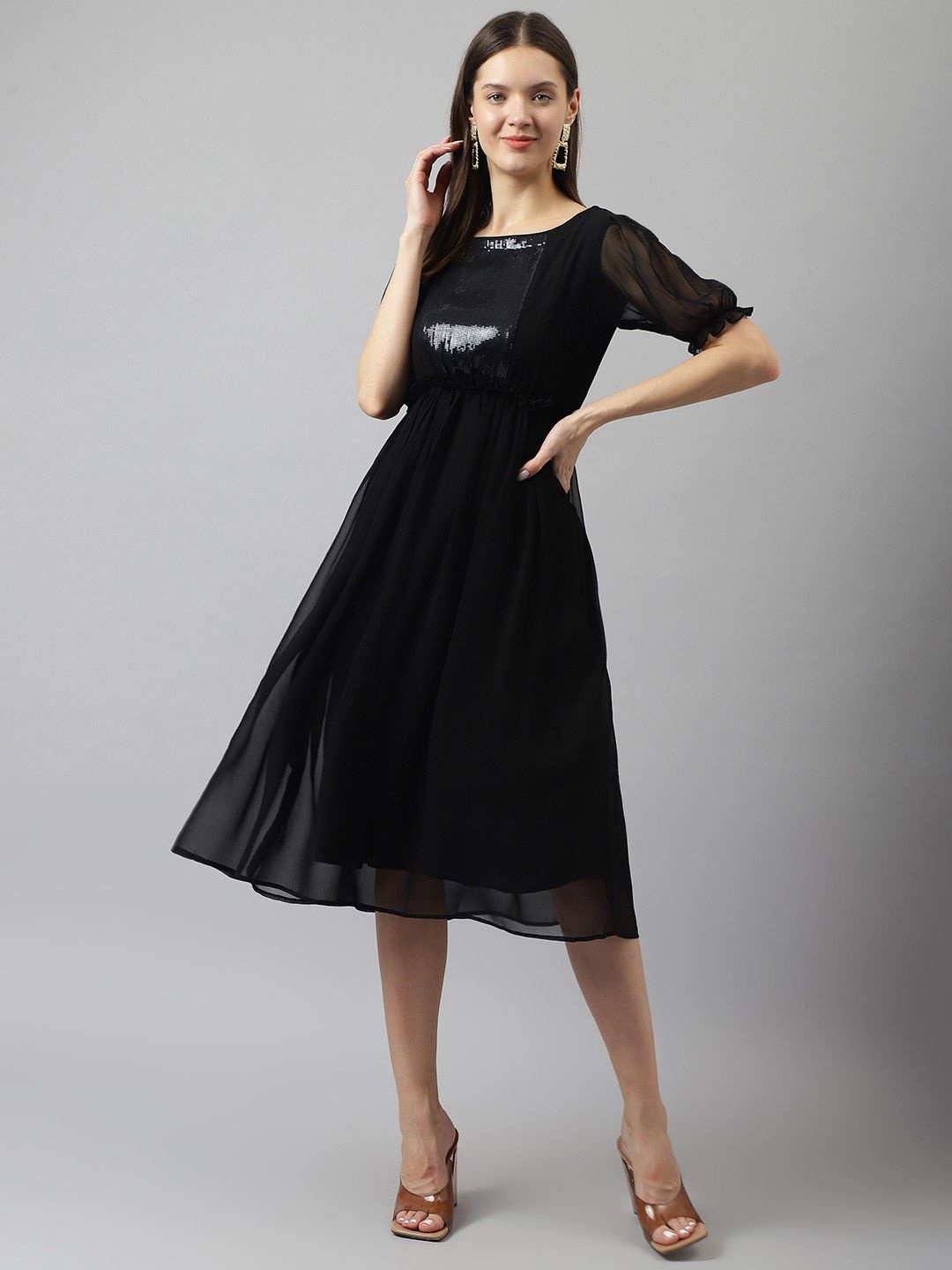 

BAESD Embellished Puff Sleeve Georgette Fit & Flare Dress, Black