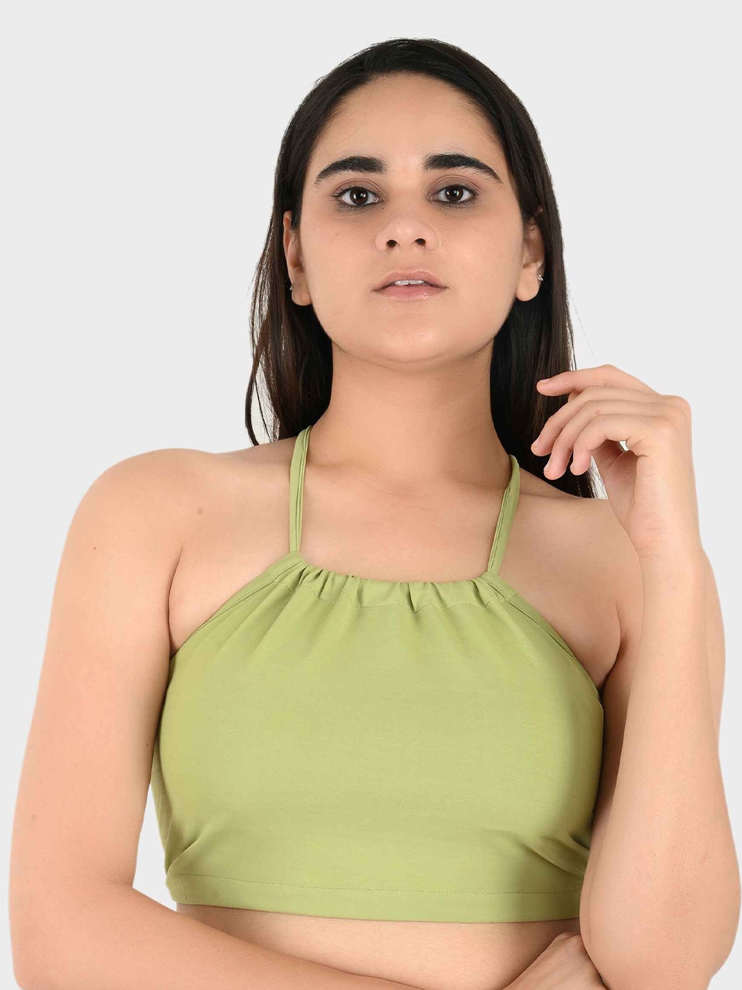 

Blissence Tie-Up Neck Crop Top, Olive