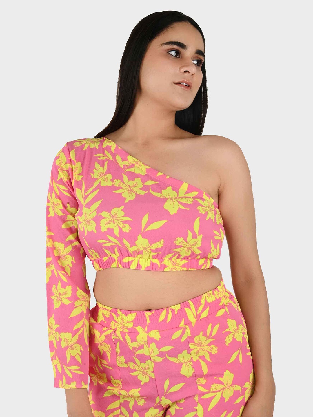 

Blissence Floral Print One Shoulder Bell Sleeve Crepe Crop Top, Pink